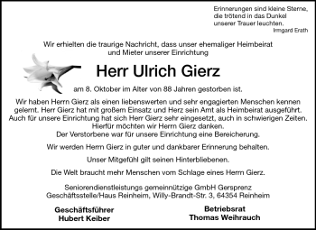 Traueranzeige von Ulrich Gierz von Darmstädter Echo, Odenwälder Echo, Rüsselsheimer Echo, Groß-Gerauer-Echo, Ried Echo