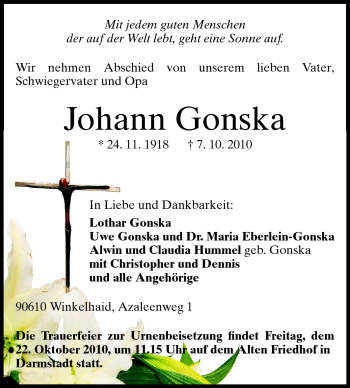 Traueranzeige von Johann Gonska von Darmstädter Echo, Odenwälder Echo, Rüsselsheimer Echo, Groß-Gerauer-Echo, Ried Echo