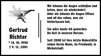 Traueranzeige von Gerturud Richter von Odenwälder Echo