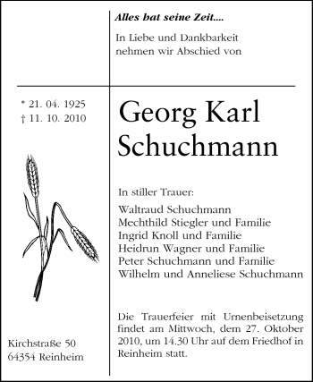 Traueranzeige von Georg Karl Schuchmann von Darmstädter Echo, Odenwälder Echo, Rüsselsheimer Echo, Groß-Gerauer-Echo, Ried Echo