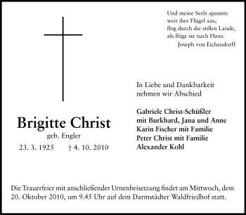 Traueranzeige von Brigitte Christ von Darmstädter Echo, Odenwälder Echo, Rüsselsheimer Echo, Groß-Gerauer-Echo, Ried Echo