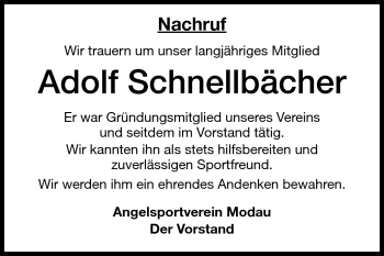 Traueranzeige von Adolf Schnellbächer von Darmstädter Echo, Odenwälder Echo, Rüsselsheimer Echo, Groß-Gerauer-Echo, Ried Echo