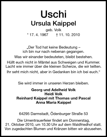 Traueranzeige von Ursula Kaippel von Echo-Zeitungen (Gesamtausgabe)