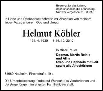 Traueranzeige von Helmut Köhler von Rüsselsheimer Echo, Groß-Gerauer-Echo, Ried Echo