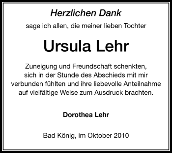 Traueranzeige von Ursula Lehr von Odenwälder Echo