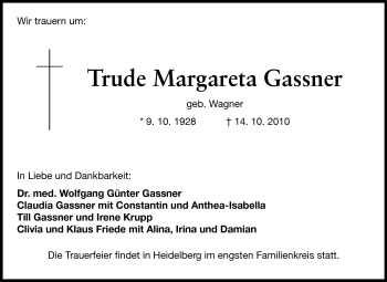 Traueranzeige von Trude Margareta Gassner von Darmstädter Echo, Odenwälder Echo, Rüsselsheimer Echo, Groß-Gerauer-Echo, Ried Echo