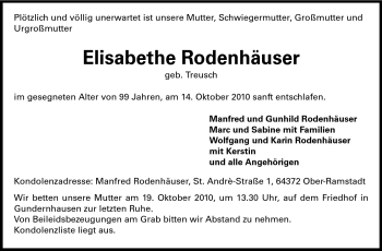 Traueranzeige von Elisabethe Rodenhäuser von Echo-Zeitungen (Gesamtausgabe)