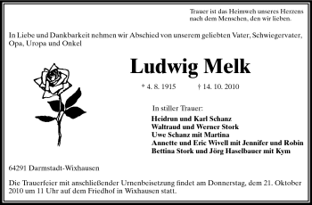 Traueranzeige von Ludwig Melk von Darmstädter Echo, Odenwälder Echo, Rüsselsheimer Echo, Groß-Gerauer-Echo, Ried Echo