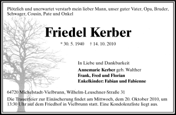 Traueranzeige von Friedel Kerber von Odenwälder Echo