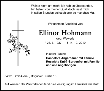 Traueranzeige von Ellinor Hohmann von Rüsselsheimer Echo, Groß-Gerauer-Echo, Ried Echo