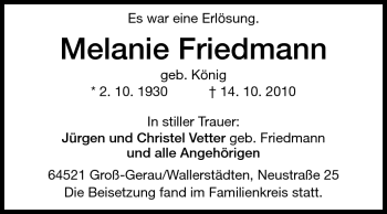 Traueranzeige von Melanie Friedmann von Rüsselsheimer Echo, Groß-Gerauer-Echo, Ried Echo