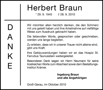 Traueranzeige von Herbert Braun von Rüsselsheimer Echo, Groß-Gerauer-Echo, Ried Echo