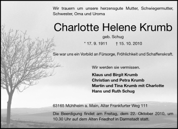 Traueranzeige von Charlotte Helene Krumb von Darmstädter Echo, Odenwälder Echo, Rüsselsheimer Echo, Groß-Gerauer-Echo, Ried Echo