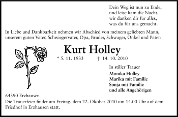 Traueranzeige von Kurt Holley von Darmstädter Echo, Odenwälder Echo, Rüsselsheimer Echo, Groß-Gerauer-Echo, Ried Echo