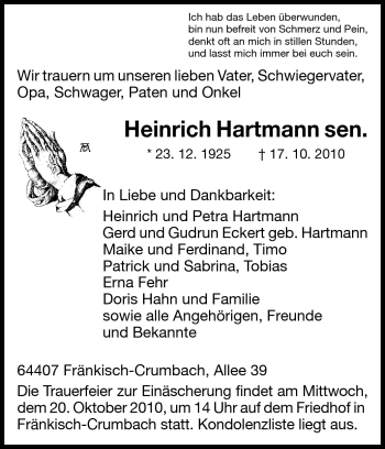 Traueranzeige von Heinrich Hartmann von Odenwälder Echo