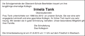 Traueranzeige von Irmela Tank von trauer.echo-online.de