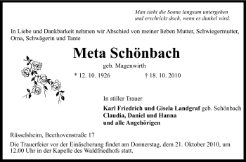 Traueranzeige von Meta Schönbach von Rüsselsheimer Echo, Groß-Gerauer-Echo, Ried Echo