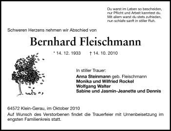 Traueranzeige von Bernhard Fleischmann von Rüsselsheimer Echo, Groß-Gerauer-Echo, Ried Echo