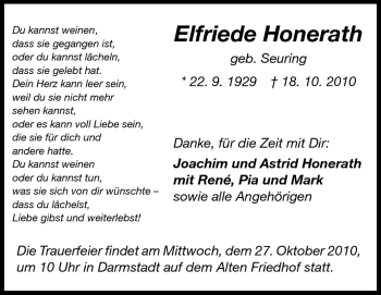 Traueranzeige von Elfriede Honerath von Darmstädter Echo, Odenwälder Echo, Rüsselsheimer Echo, Groß-Gerauer-Echo, Ried Echo