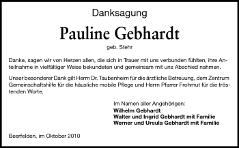 Traueranzeige von Pauline Gebhardt von Odenwälder Echo