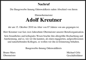 Traueranzeige von Adolf Kreutner von Odenwälder Echo