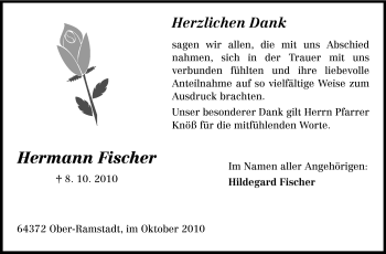 Traueranzeige von Hermann Fischer von Darmstädter Echo, Odenwälder Echo, Rüsselsheimer Echo, Groß-Gerauer-Echo, Ried Echo
