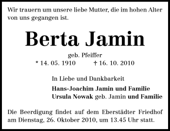 Traueranzeige von Berta Jamin von Echo-Zeitungen (Gesamtausgabe)