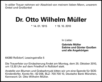 Traueranzeige von Dr. Otto Müller von Echo-Zeitungen (Gesamtausgabe)