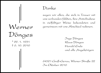 Traueranzeige von Werner Dönges von Rüsselsheimer Echo, Groß-Gerauer-Echo, Ried Echo