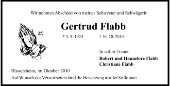 Traueranzeige von Gertrud Flabb von Rüsselsheimer Echo, Groß-Gerauer-Echo, Ried Echo