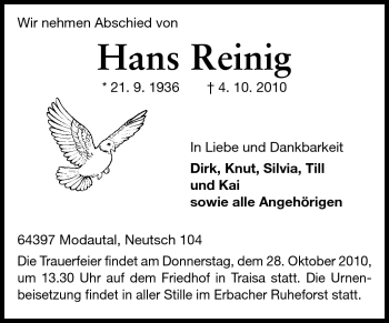 Traueranzeige von Hans Reinig von Darmstädter Echo, Odenwälder Echo, Rüsselsheimer Echo, Groß-Gerauer-Echo, Ried Echo