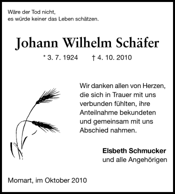 Traueranzeige von Johann Wilhelm Schäfer von Odenwälder Echo