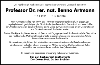 Traueranzeige von Dr. Benno Artmann von Echo-Zeitungen (Gesamtausgabe)