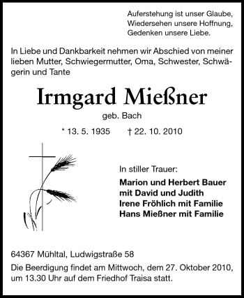 Traueranzeige von Irmgard Mießner von Darmstädter Echo, Odenwälder Echo, Rüsselsheimer Echo, Groß-Gerauer-Echo, Ried Echo