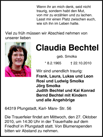 Traueranzeige von Claudia Bechtel von Echo-Zeitungen (Gesamtausgabe)