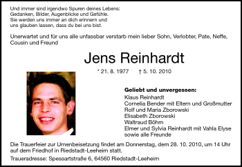 Traueranzeige von Jens Reinhardt von Rüsselsheimer Echo, Groß-Gerauer-Echo, Ried Echo