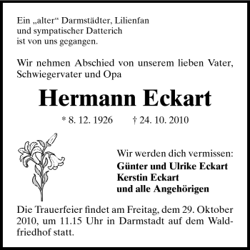 Traueranzeige von Hermann Eckart von Darmstädter Echo, Odenwälder Echo, Rüsselsheimer Echo, Groß-Gerauer-Echo, Ried Echo