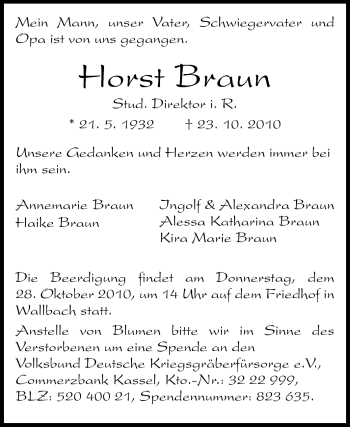 Traueranzeige von Horst Braun von Echo-Zeitungen (Gesamtausgabe)