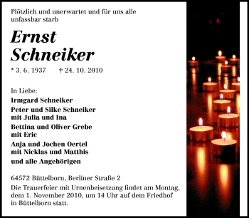 Traueranzeige von Ernst Schneiker von Rüsselsheimer Echo, Groß-Gerauer-Echo, Ried Echo