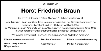 Traueranzeige von Horst Friedrich Braun von Odenwälder Echo