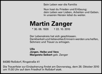 Traueranzeige von Martin Zanger von Echo-Zeitungen (Gesamtausgabe)