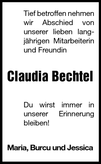 Traueranzeige von Claudia Bechtel von Echo-Zeitungen (Gesamtausgabe)