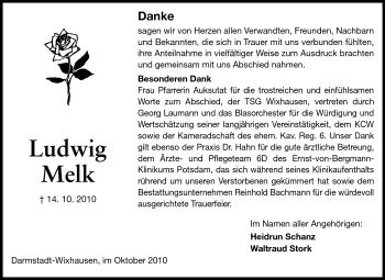 Traueranzeige von Ludwig Melk von Darmstädter Echo, Odenwälder Echo, Rüsselsheimer Echo, Groß-Gerauer-Echo, Ried Echo