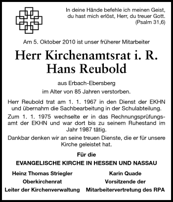 Traueranzeige von Hans Reubold von Odenwälder Echo