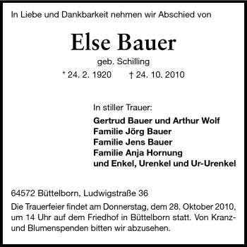 Traueranzeige von Else Bauer von Rüsselsheimer Echo, Groß-Gerauer-Echo, Ried Echo