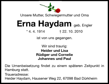Traueranzeige von Erna Haydam von Odenwälder Echo