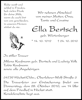 Traueranzeige von Ella Bertsch von Odenwälder Echo
