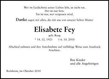 Traueranzeige von Elisabeth Fey von Darmstädter Echo, Odenwälder Echo, Rüsselsheimer Echo, Groß-Gerauer-Echo, Ried Echo