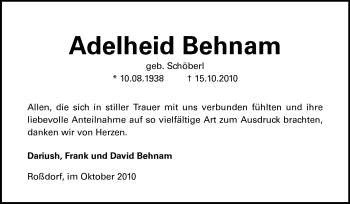 Traueranzeige von Adelheid Behnam von Echo-Zeitungen (Gesamtausgabe)