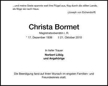 Traueranzeige von Christa Bormet von Echo-Zeitungen (Gesamtausgabe)